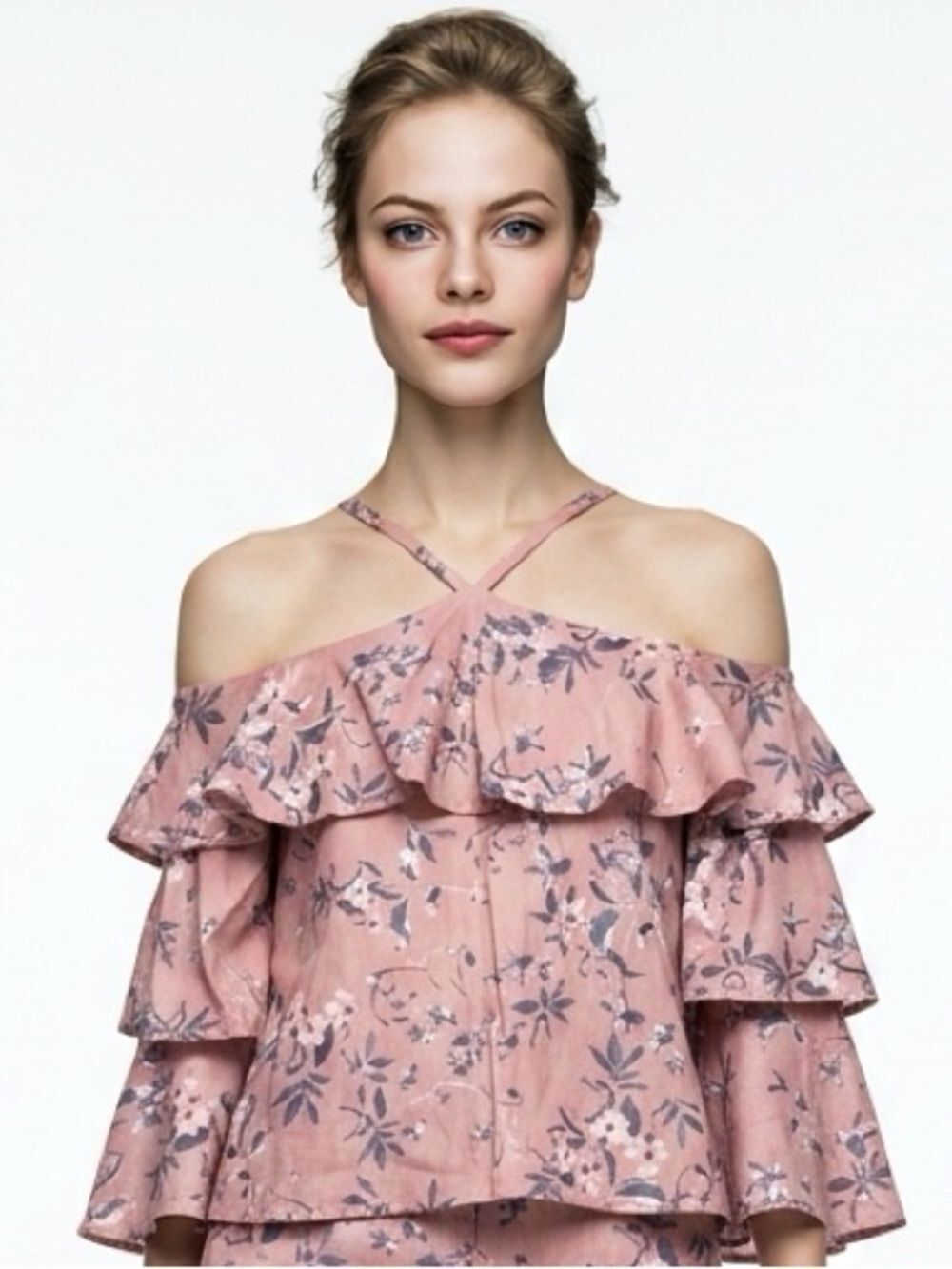 EXPRESS | Floral Off the Shoulder V Halter Blouse Purple Blue Women’s Size XS